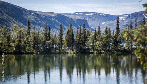 Grand lake in the north Mountains with trees on marge