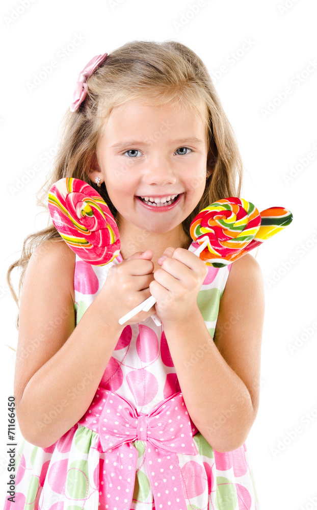 Happy little girl with lollipops isolated