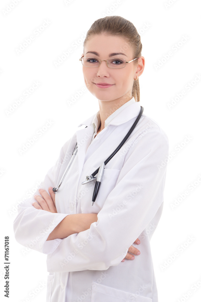 young woman doctor standing isolated on white young woman doctor standing isolated on white
