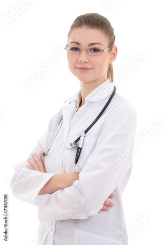 young woman doctor standing isolated on white