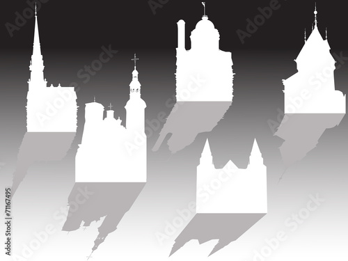 collection of five white isolated castles and towers