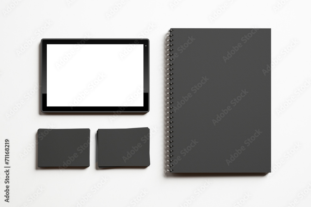 Set of black branding elements and tablet Set of black branding elements and tablet