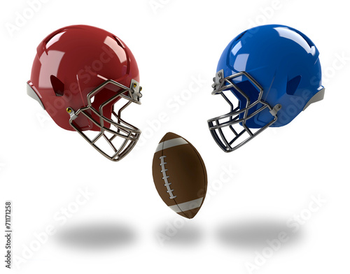 football helmets and ball isolated on white