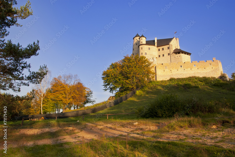 Autumn view of the medieval castle in Bobolice, Poland