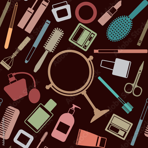 Colorful vector seamless pattern with various cosmetic objects
