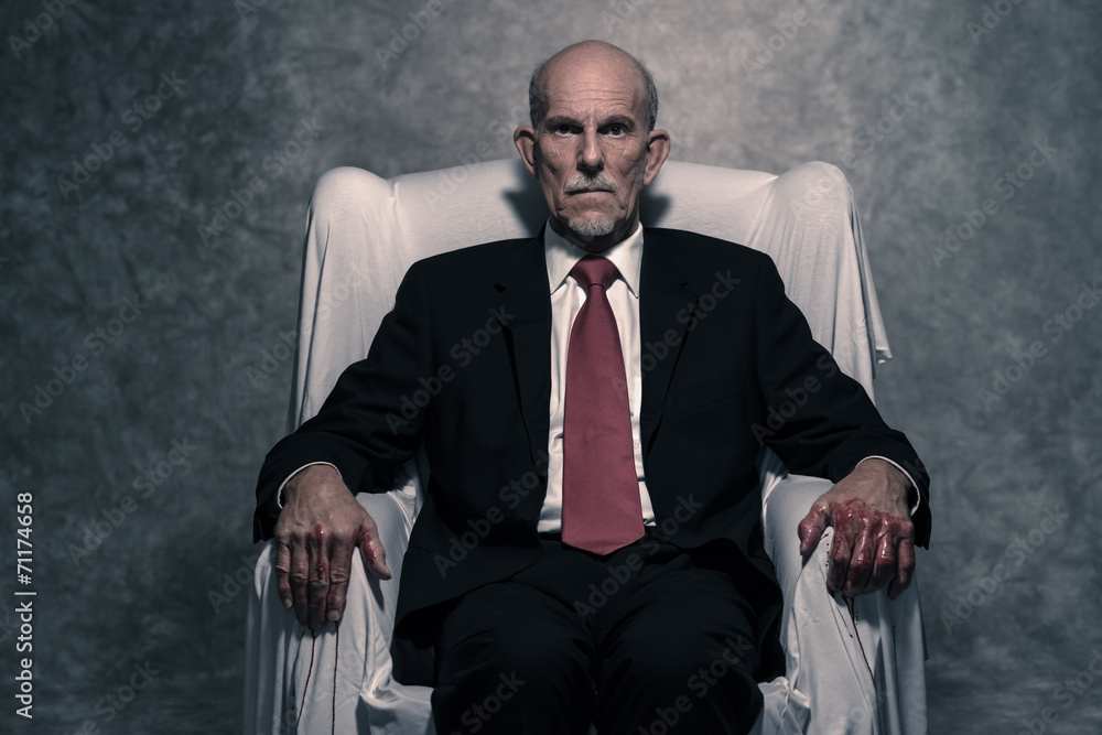 Corrupt businessman with bloody hands sitting in white chair. Gr Corrupt businessman with bloody hands sitting in white chair. Gr