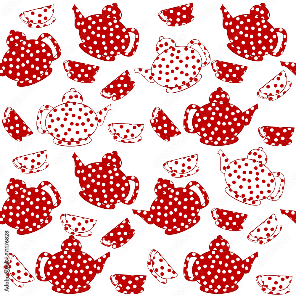 Seamless with red and white kettles and tea cups Seamless with red and white kettles and tea cups