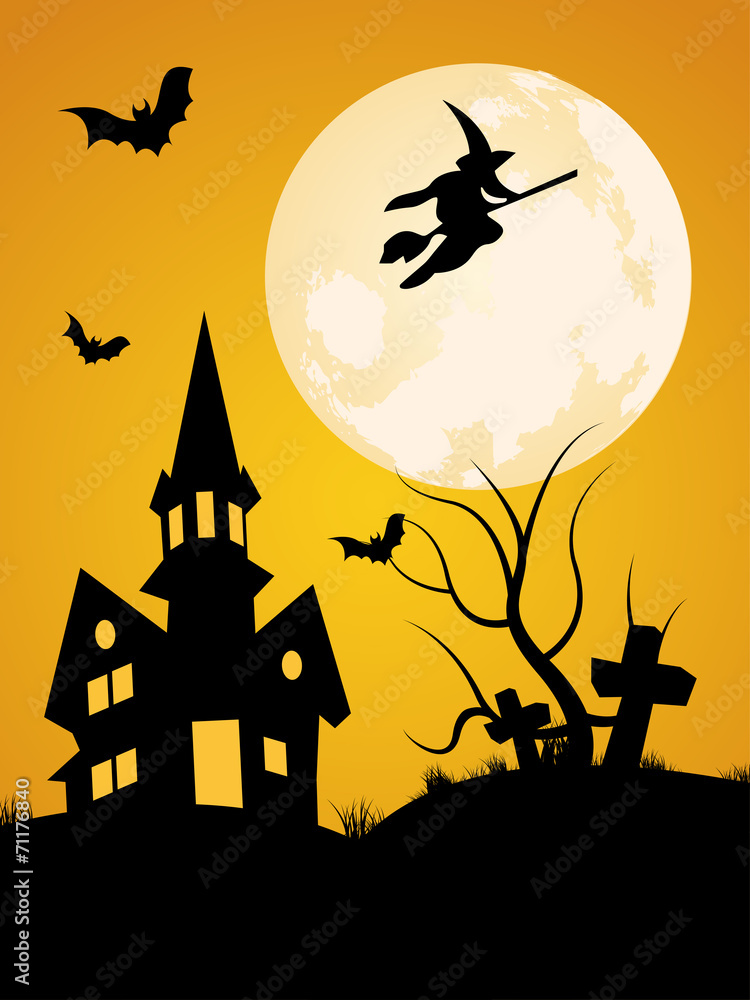 Scary Background with Castle, Bats and Witch