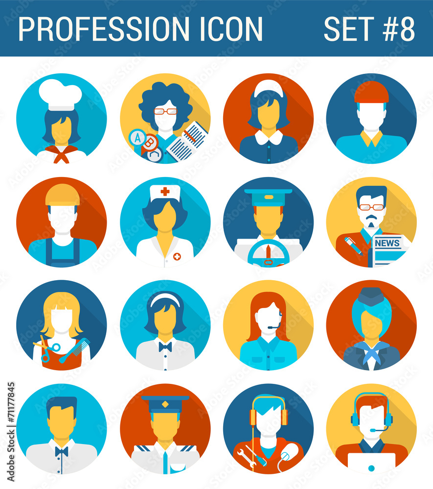 Professions flat icons set cook teacher governess builder doctor Professions flat icons set cook teacher governess builder doctor