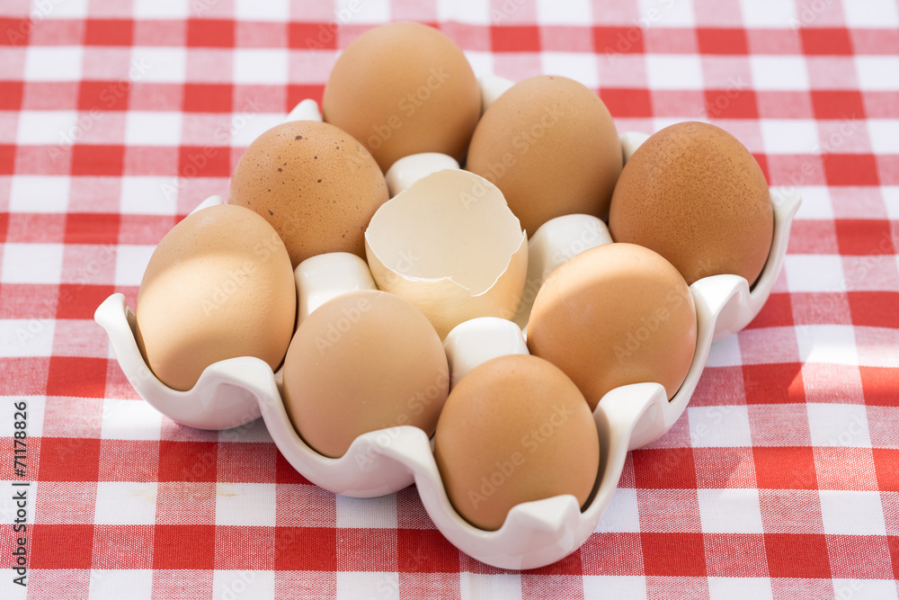 Eggs on red checkered tablecloth, Sun light Eggs on red checkered tablecloth, Sun light