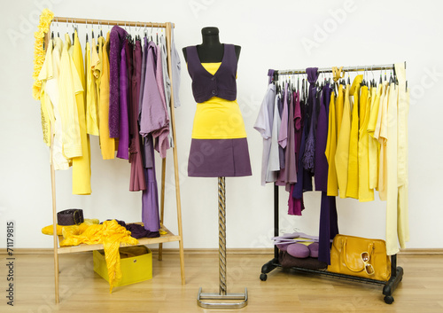 Wardrobe with purple and yellow clothes on hangers and mannequin
