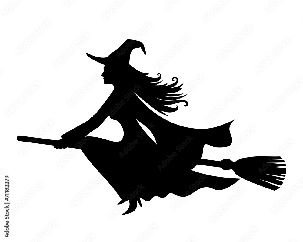 Fototapeta premium Czarownica na miotle. Czarna sylwetka wektor.