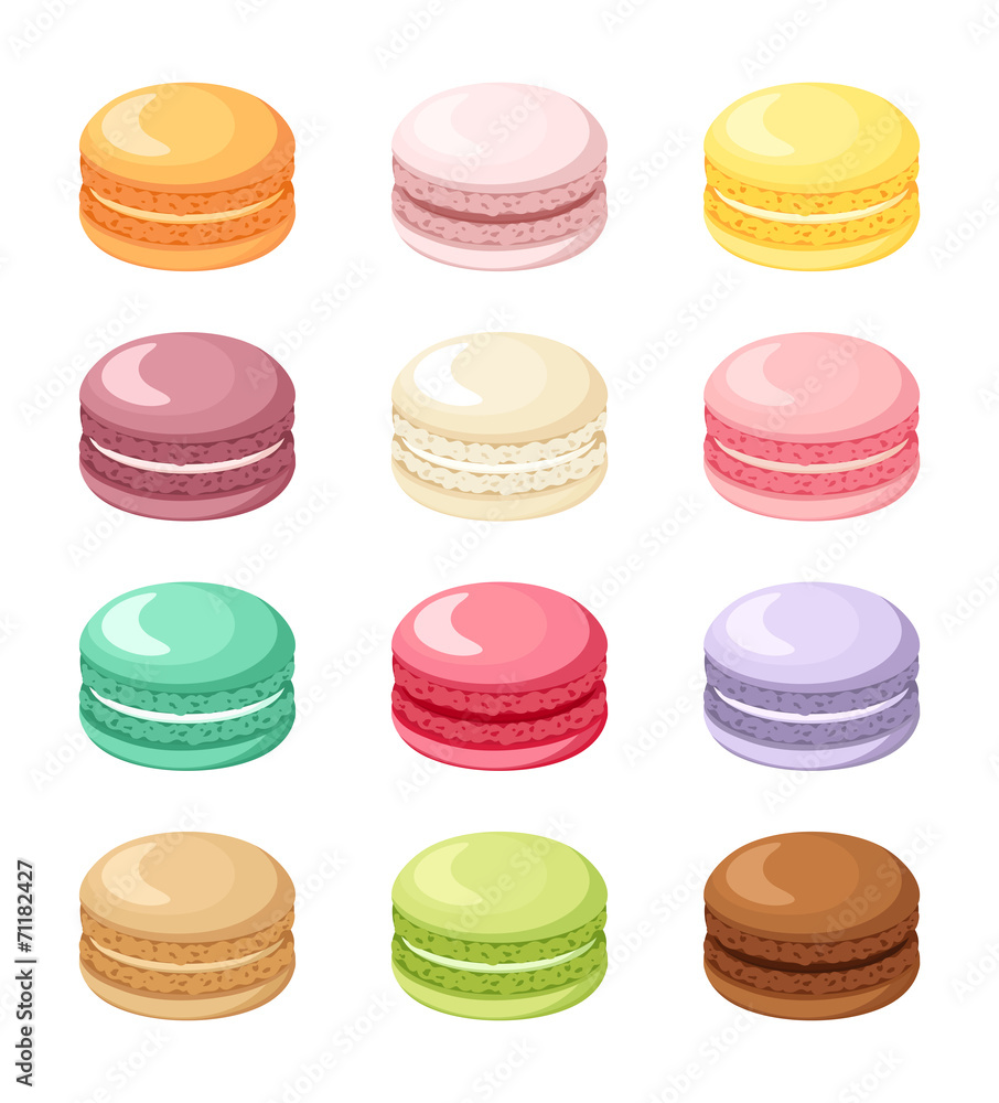 Set of colorful French macaroon cookies isolated on white. Set of colorful French macaroon cookies isolated on white.