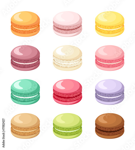 Set of colorful French macaroon cookies isolated on white.