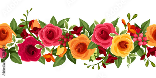 Horizontal seamless background with roses and freesia.