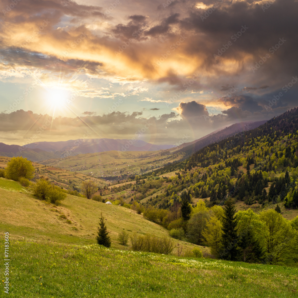 Obraz premium village on hillside meadow with forest in mountain at sunset