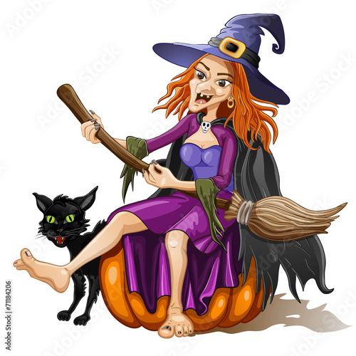 Funny witch sits on a pumpkin with cat