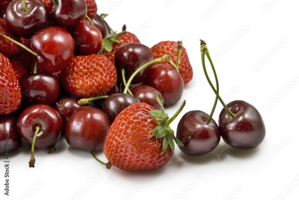 strawberries and cherries on white background strawberries and cherries on white background
