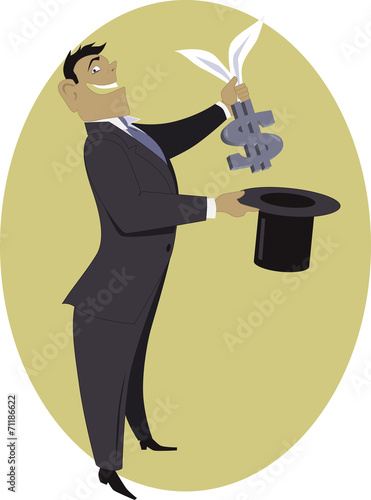 Businessman pulling a dollar sign out of a hat
