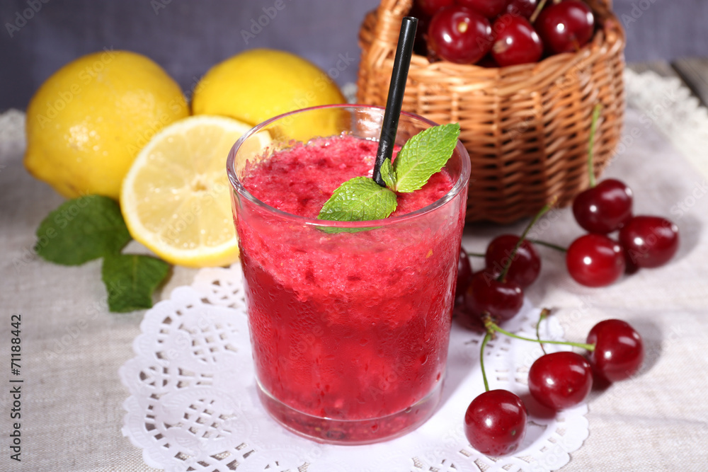 Fresh cold cherry cocktail with mint and lemon Fresh cold cherry cocktail with mint and lemon