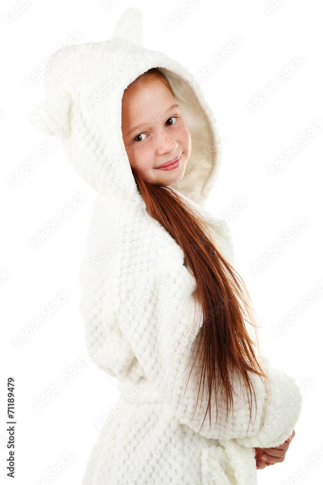 Obraz premium Beautiful little girl in bathrobe isolated on white