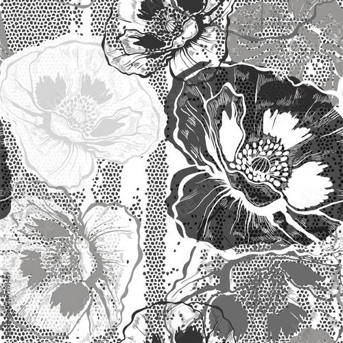 Fototapeta Naklejka Na Ścianę i Meble -  Monochrome seamless pattern with poppies. Hand-drawn floral back