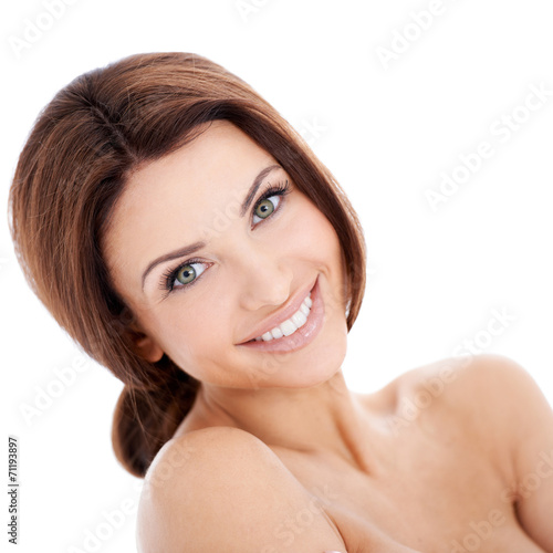 Smiling Brunette Woman with Bare Shoulders