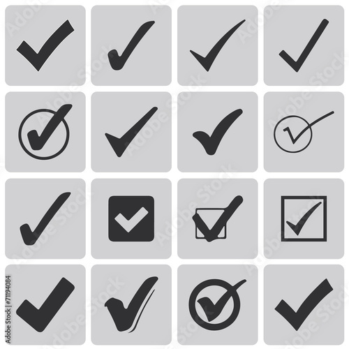 Set of different grey vector check marks or ticks in boxes Black