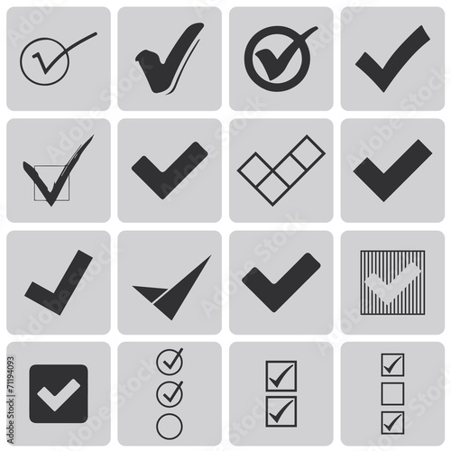 Set of different grey vector check marks or ticks in boxes Black