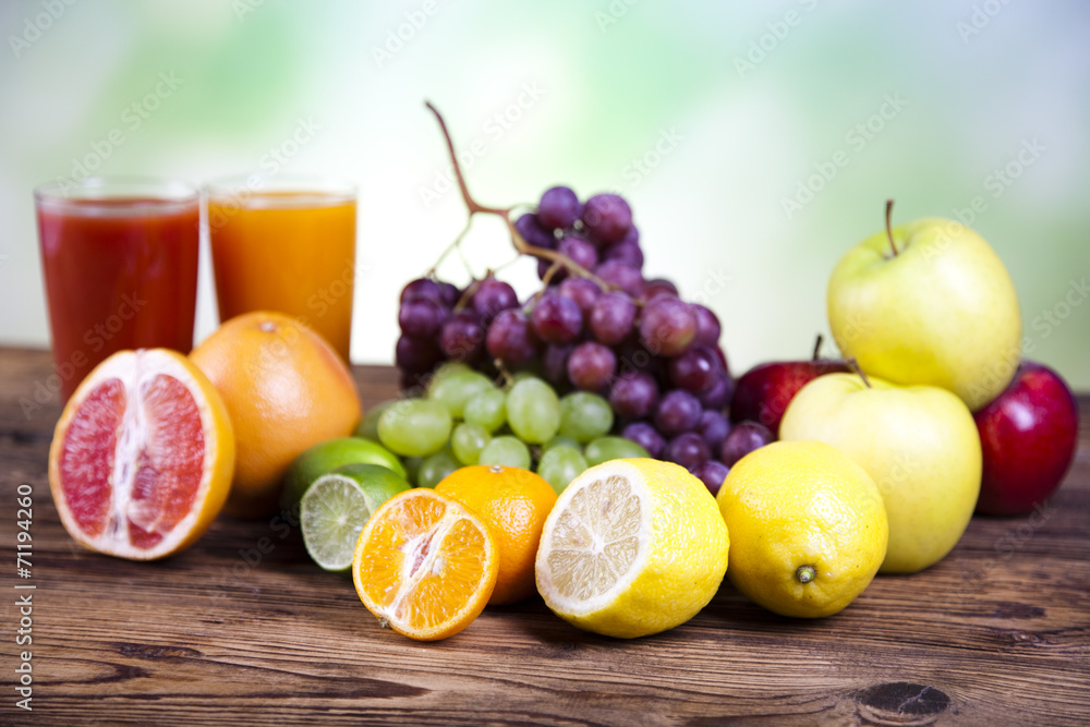 Fruits, vegetables, fruit juices, vegetable juices, healthy food