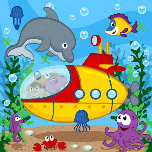 animals on submarine - vector illustration, eps