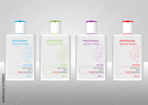 Bottles with sample labels for shampoo