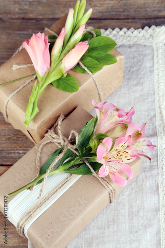 Natural style handcrafted gift boxes with fresh plants and