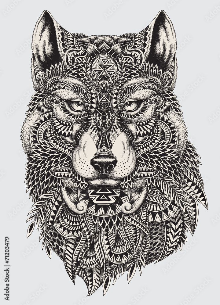 Obraz premium Bardzo szczegółowa abstrakcjonistyczna wilcza ilustracja