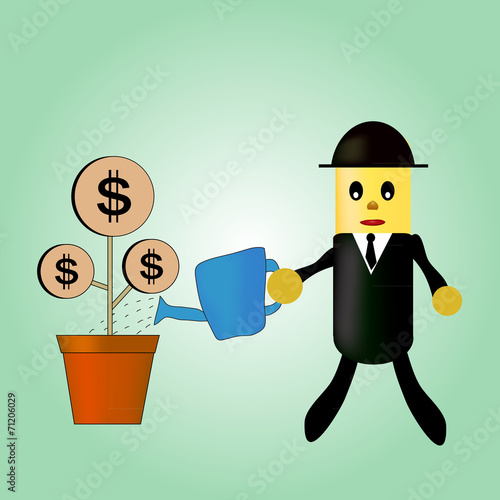 cartoon character of businessmen are watering with his money tre