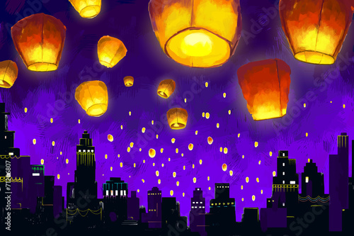 Floating lantern in night sky