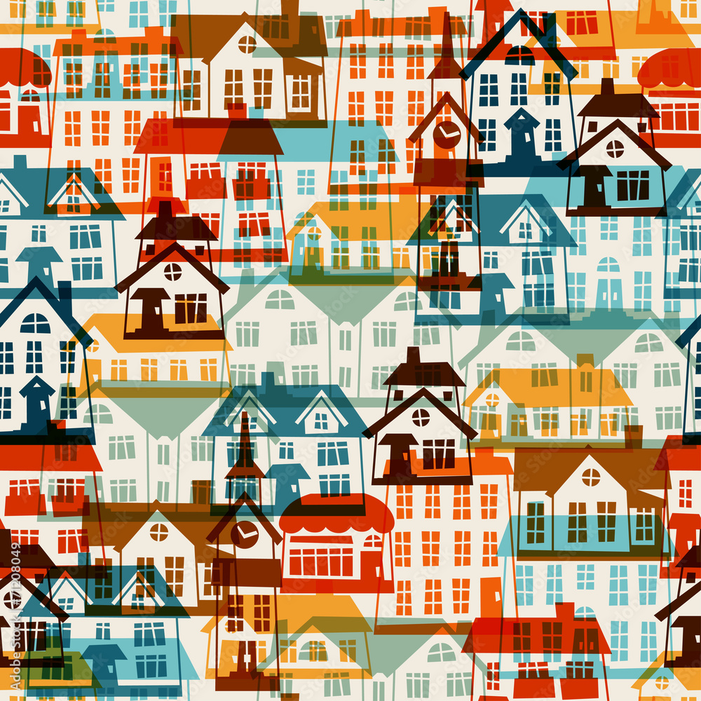 Town seamless pattern with cute colorful houses. Town seamless pattern with cute colorful houses.