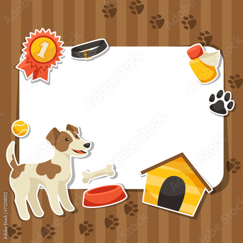 Background with cute sticker dog, icons and objects.