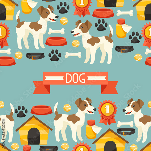 Seamless pattern with cute dogs, icons and objects.