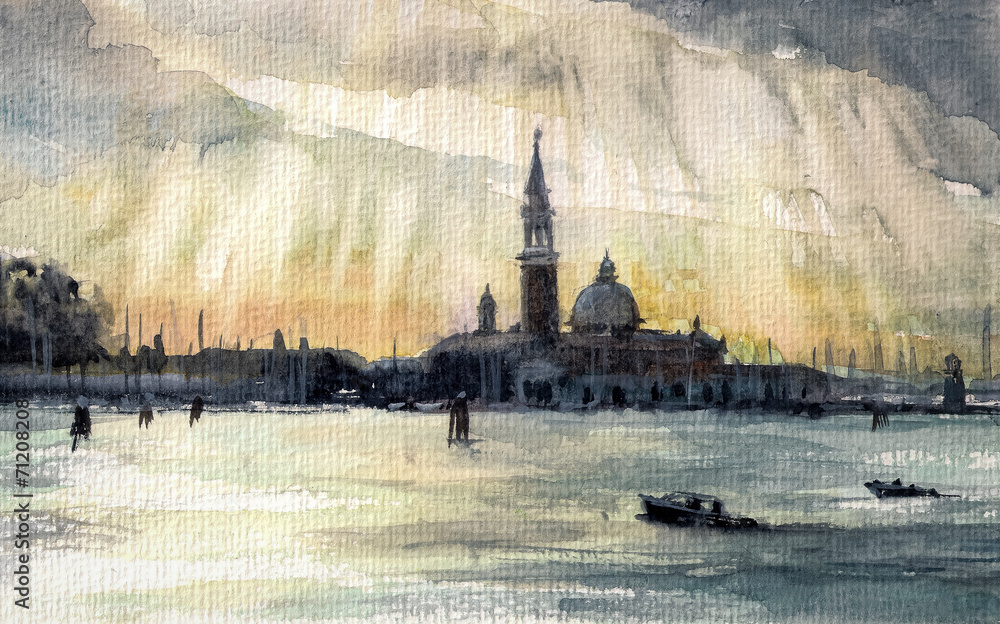 Fototapeta premium Sunset in Venice.Picture created with watercolots.