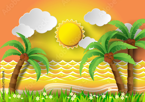 Coconut trees on the beach and sun .vector illustration.