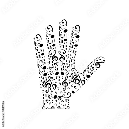 Human hand with musical notes and elements for art design. Vecto