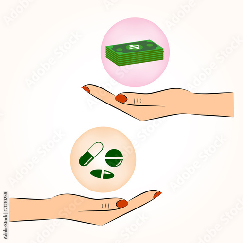 hand exchanging money and medicine vector icon