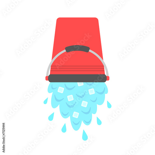 water with ice cubes pouring from red bucket