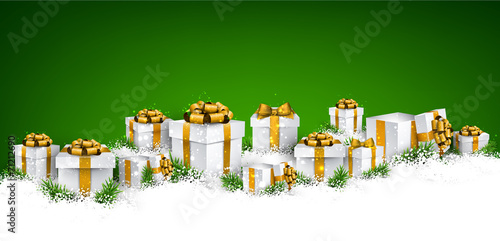 Christmas green background with gift boxes.