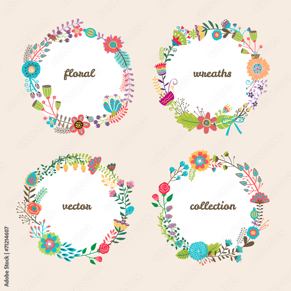 Set of four colorful vector floral wreaths