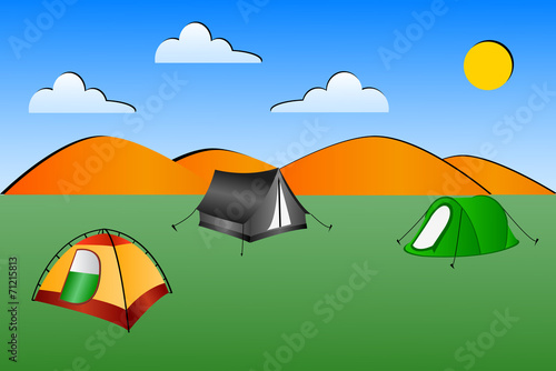 Illustration of 3 tents in a field