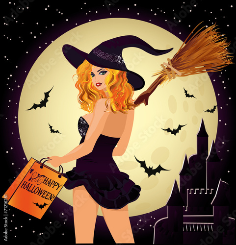 Halloween sale. Sexual shopping witch and castle