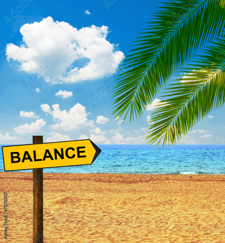 Tropical beach and direction board saying BALANCE