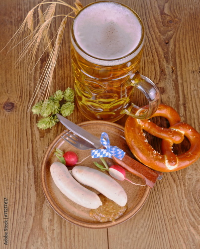 Oktoberfest menu - beer, white sausage, pretzel, radish, HDR photo